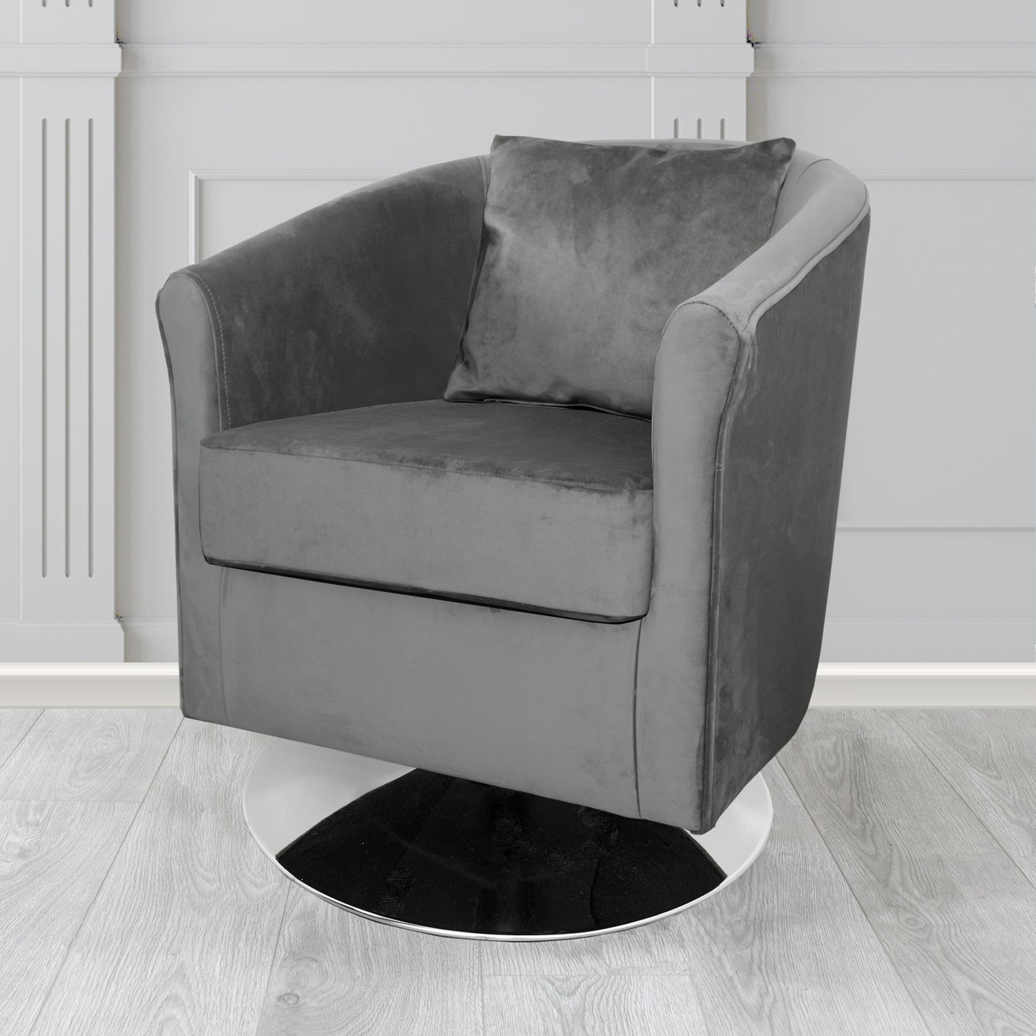 St Tropez Monaco Platinum Plush Velvet Fabric Swivel Tub Chair with Scatter Cushion (6605097828394)