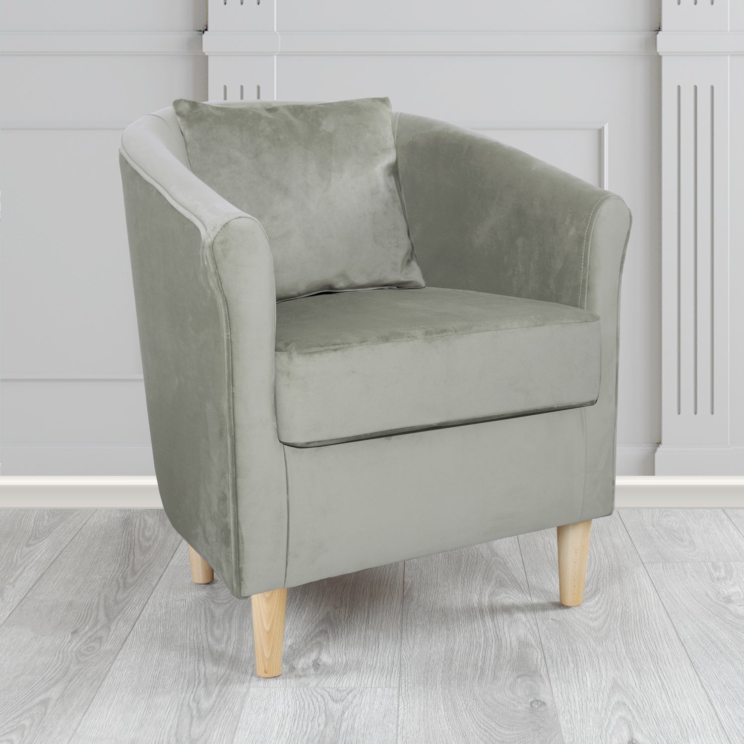 Express St Tropez Monaco Silver Plush Velvet Fabric Tub Chair with Scatter Cushion (6604885950506)