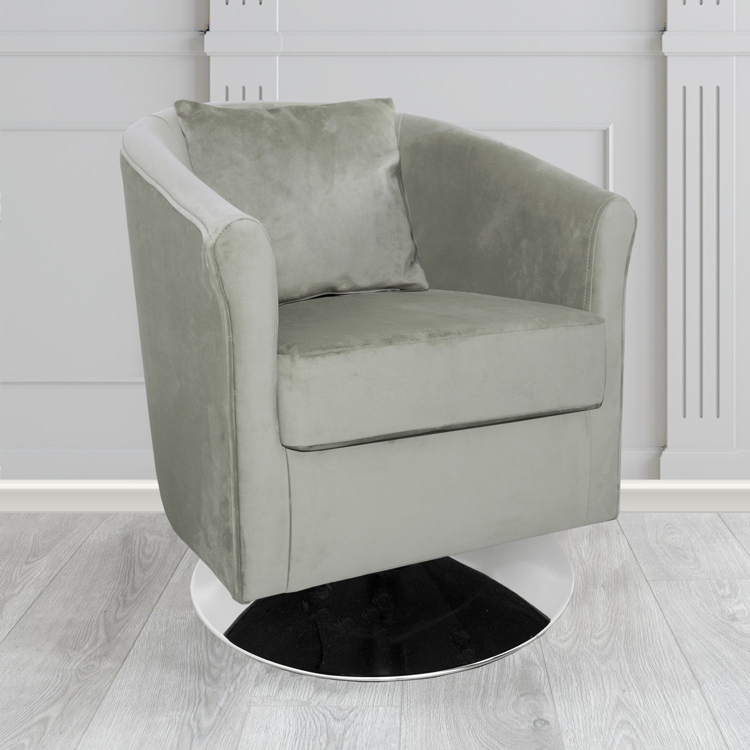 St Tropez Monaco Silver Plush Velvet Fabric Swivel Tub Chair with Scatter Cushion (6605107494954)