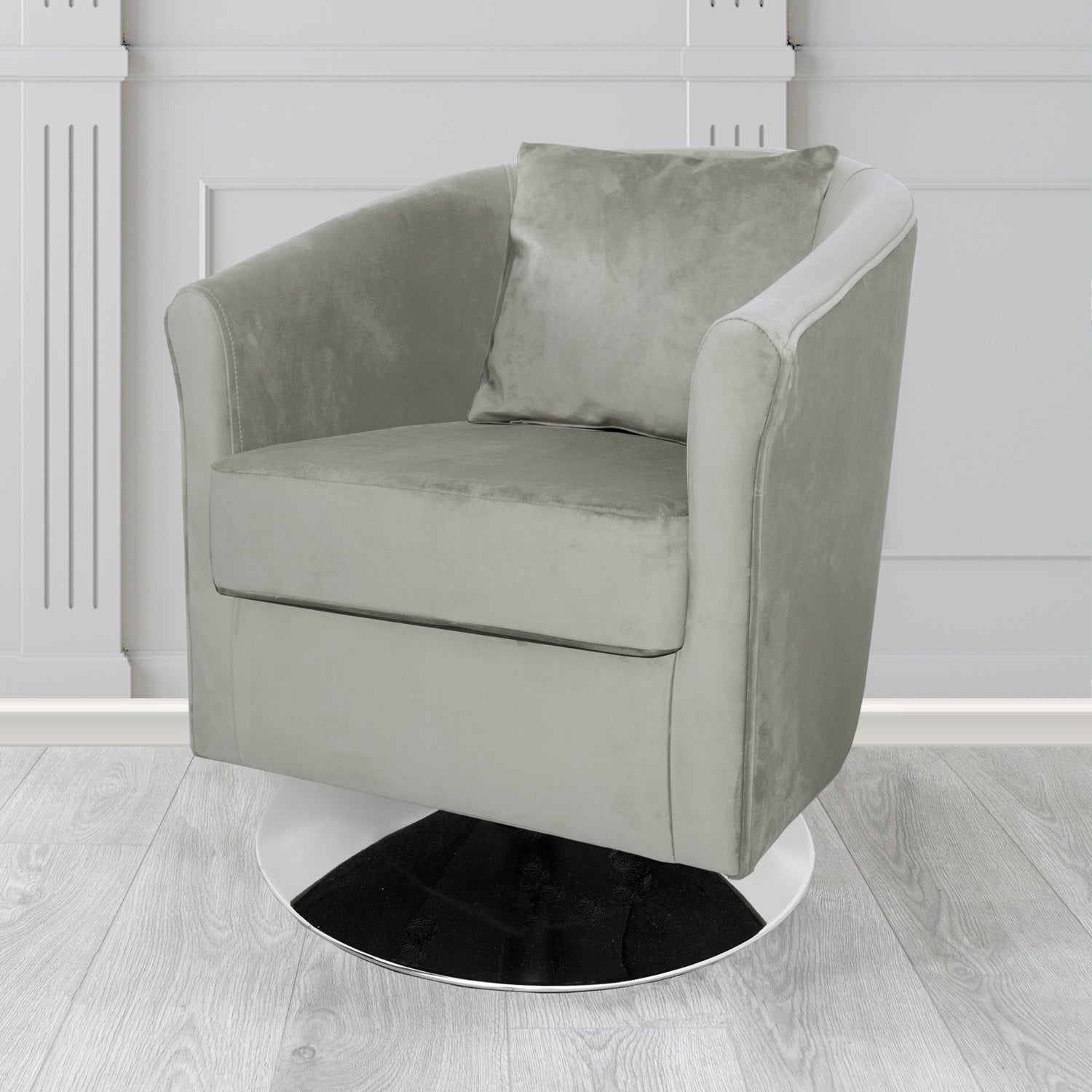 St Tropez Monaco Silver Plush Velvet Fabric Swivel Tub Chair with Scatter Cushion (6605107494954)