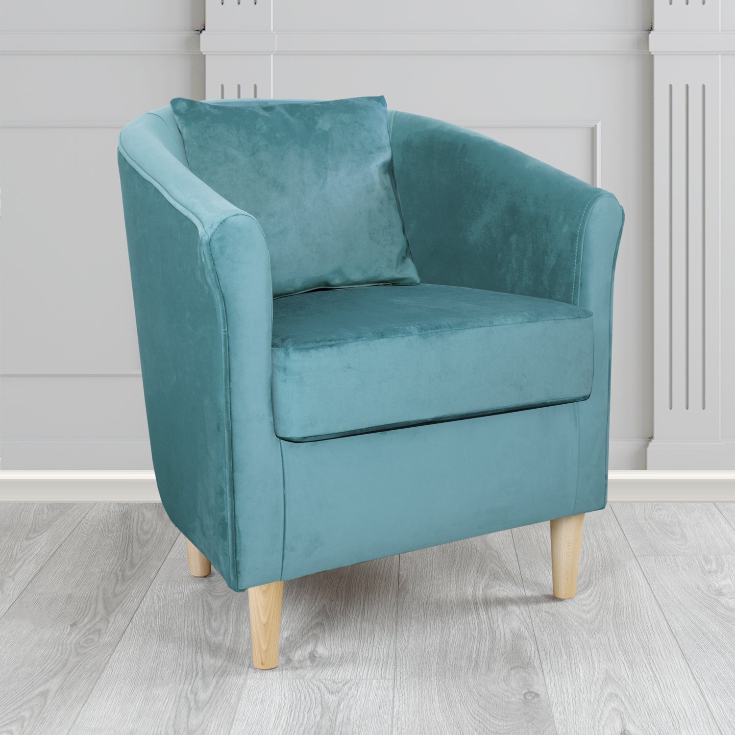 Express St Tropez Monaco Sky Plush Velvet Fabric Tub Chair with Scatter Cushion (6604886179882)