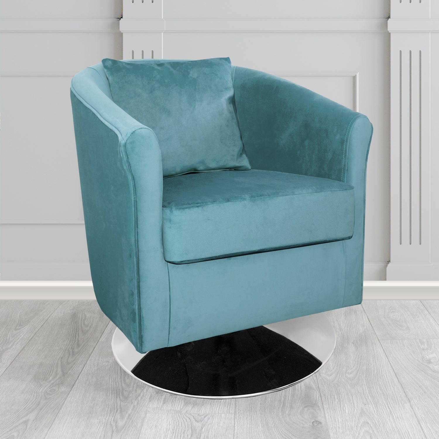 St Tropez Monaco Sky Plush Velvet Fabric Swivel Tub Chair with Scatter Cushion (6605126238250)