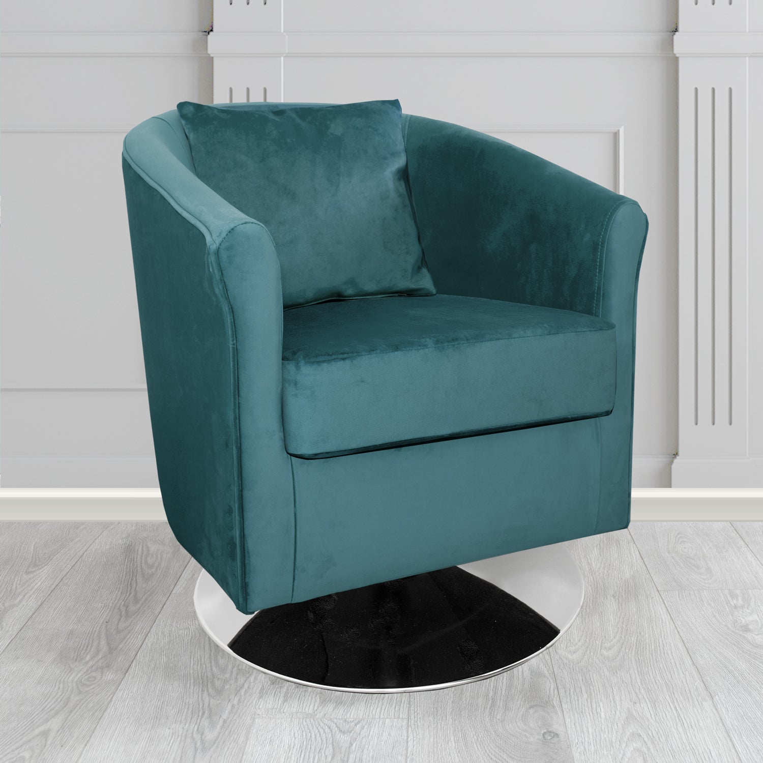St Tropez Monaco Teal Plush Velvet Fabric Swivel Tub Chair with Scatter Cushion (6605129187370)