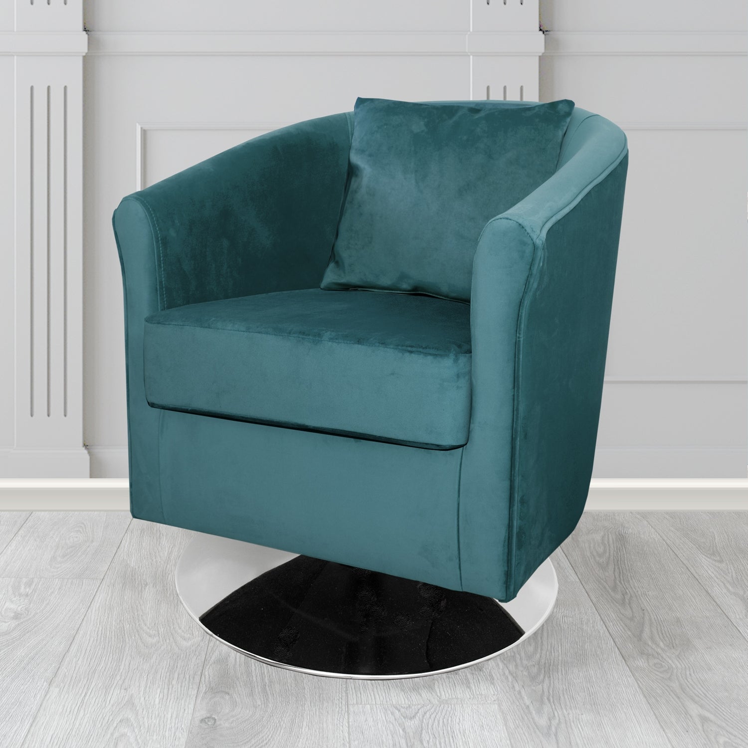 St Tropez Monaco Teal Plush Velvet Fabric Swivel Tub Chair with Scatter Cushion (6605129187370)