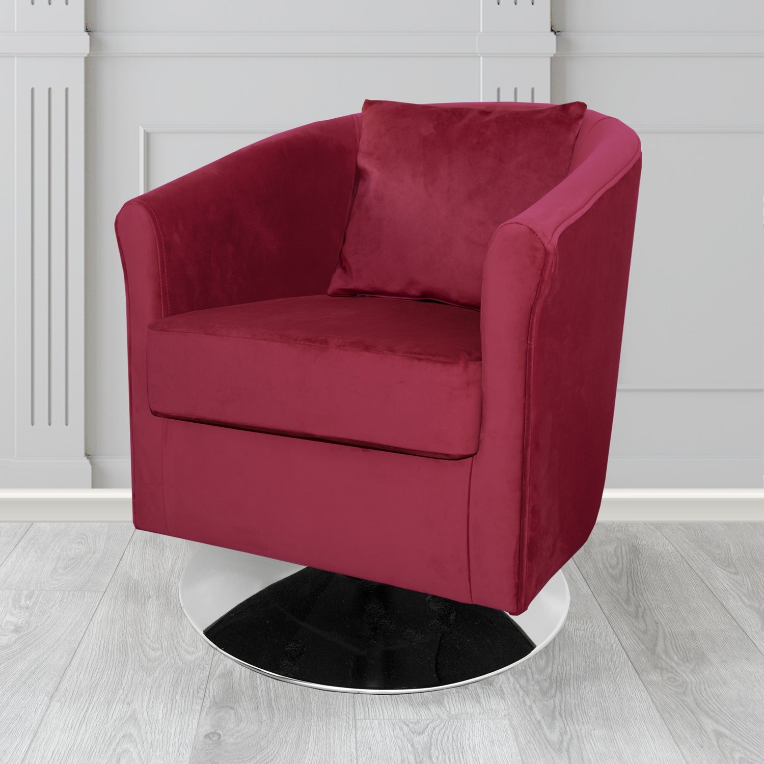 St Tropez Monaco Wine Plush Velvet Fabric Swivel Tub Chair with Scatter Cushion (6605130563626)