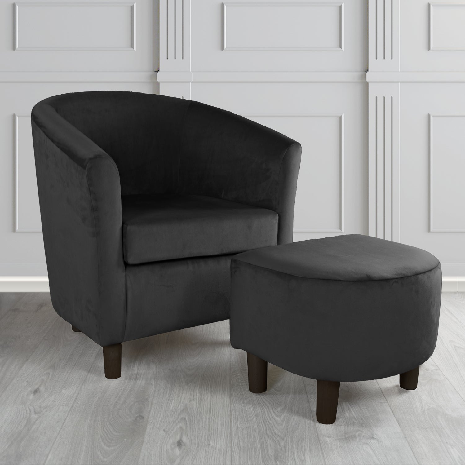 Tuscany Monaco Black Plush Velvet Plain Fabric Tub Chair with Footstool Set (6592008224810)