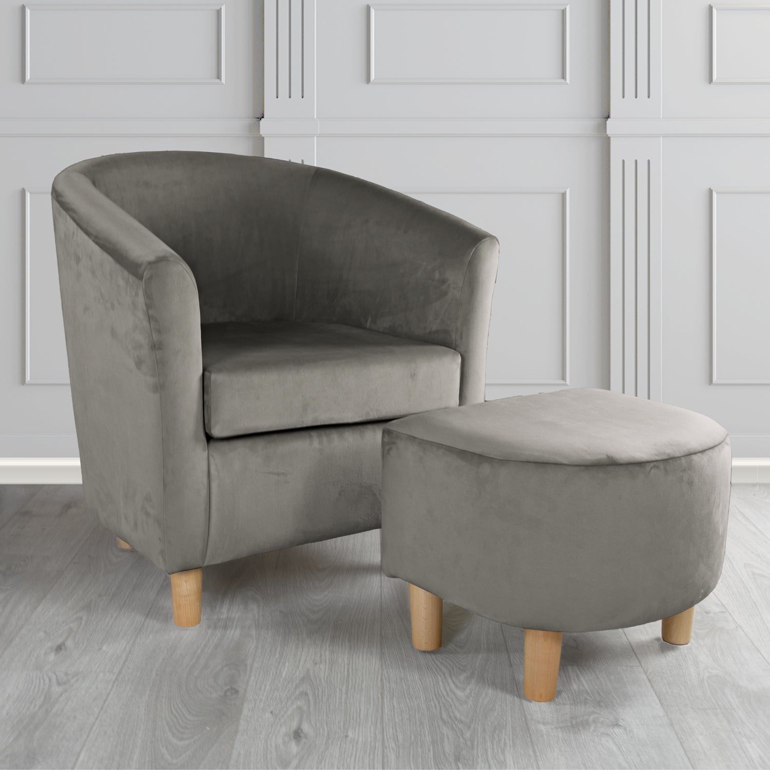 Tuscany Monaco Charcoal Plush Velvet Plain Fabric Tub Chair with Footstool Set (6592010387498)