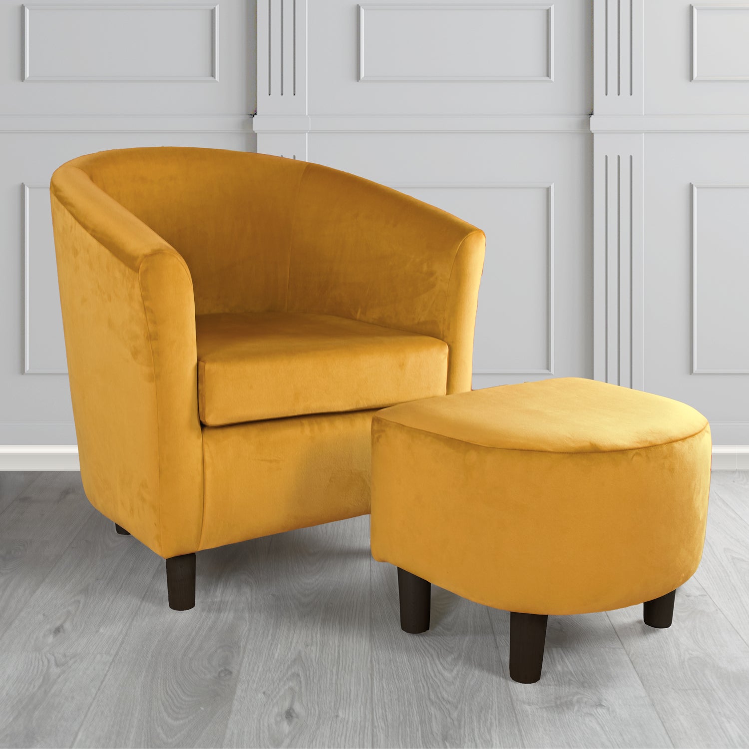 Tuscany Monaco Gold Plush Velvet Plain Fabric Tub Chair with Footstool Set (6592015499306)