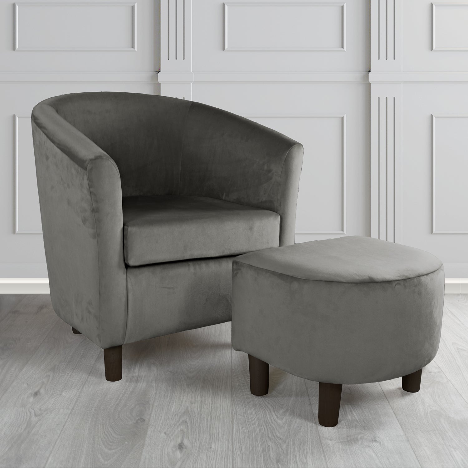 Tuscany Monaco Grey Plush Velvet Plain Fabric Tub Chair with Footstool Set (6592016547882)