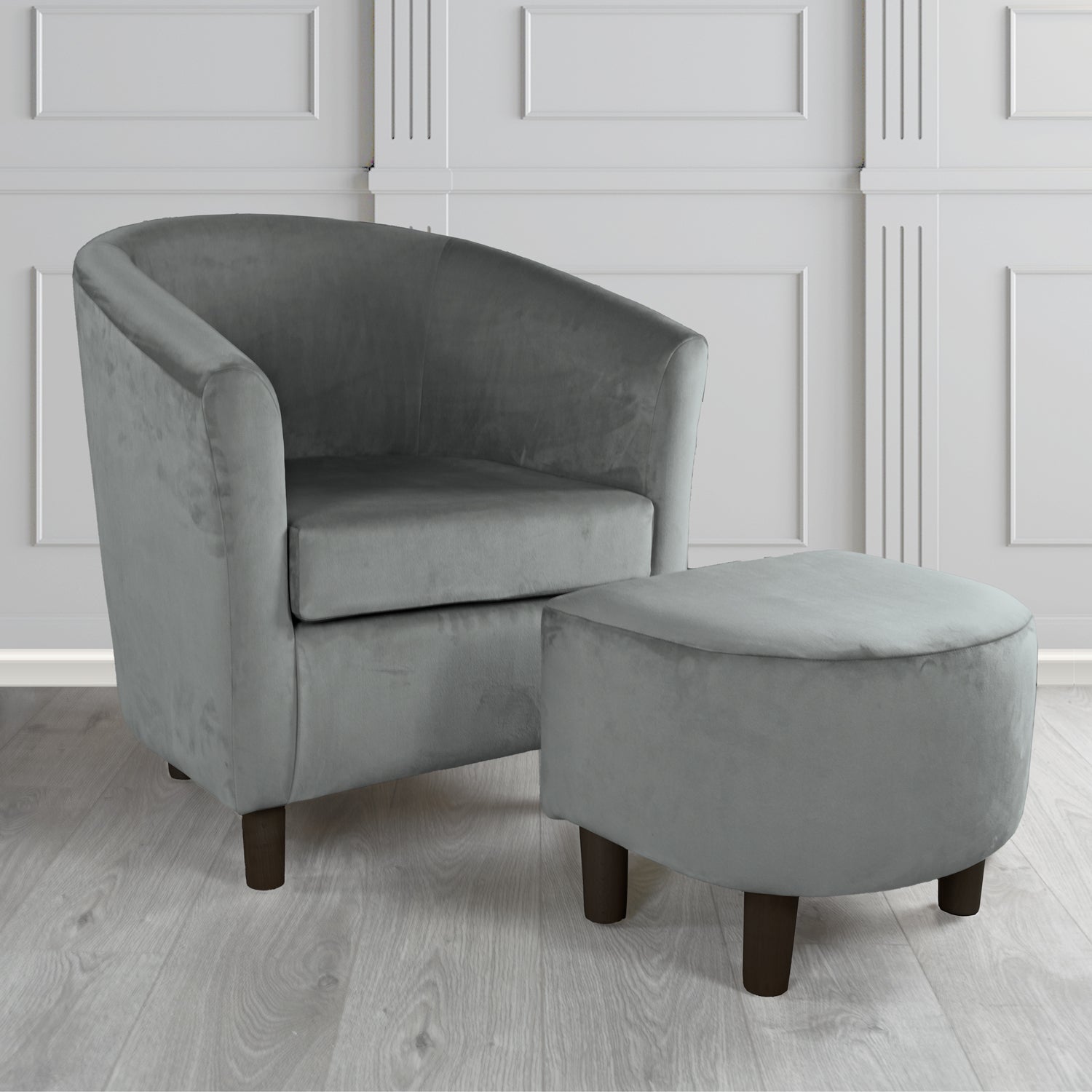 Tuscany Monaco Platinum Plush Velvet Plain Fabric Tub Chair with Footstool Set (6592021659690)