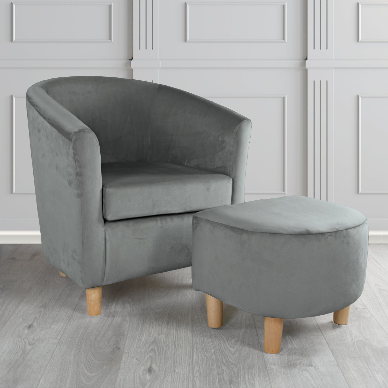 Tuscany Monaco Platinum Plush Velvet Plain Fabric Tub Chair with Footstool Set (6592021659690)