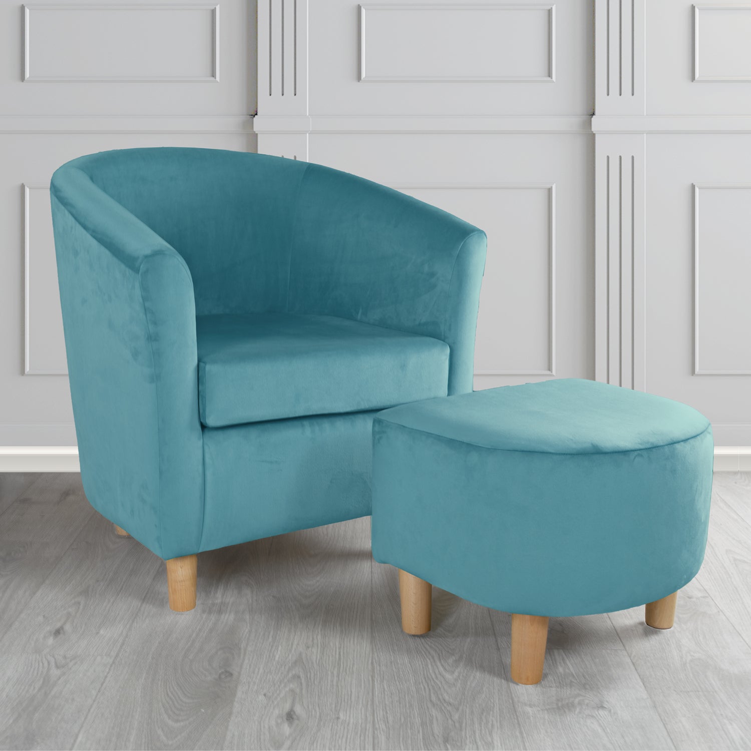 Tuscany Monaco Sky Plush Velvet Plain Fabric Tub Chair with Footstool Set (6592048824362)