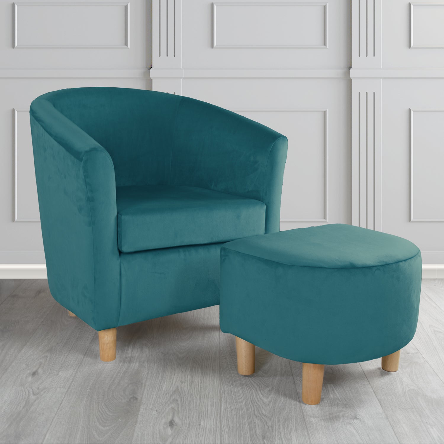 Tuscany Monaco Teal Plush Velvet Plain Fabric Tub Chair with Footstool Set (6592050331690)