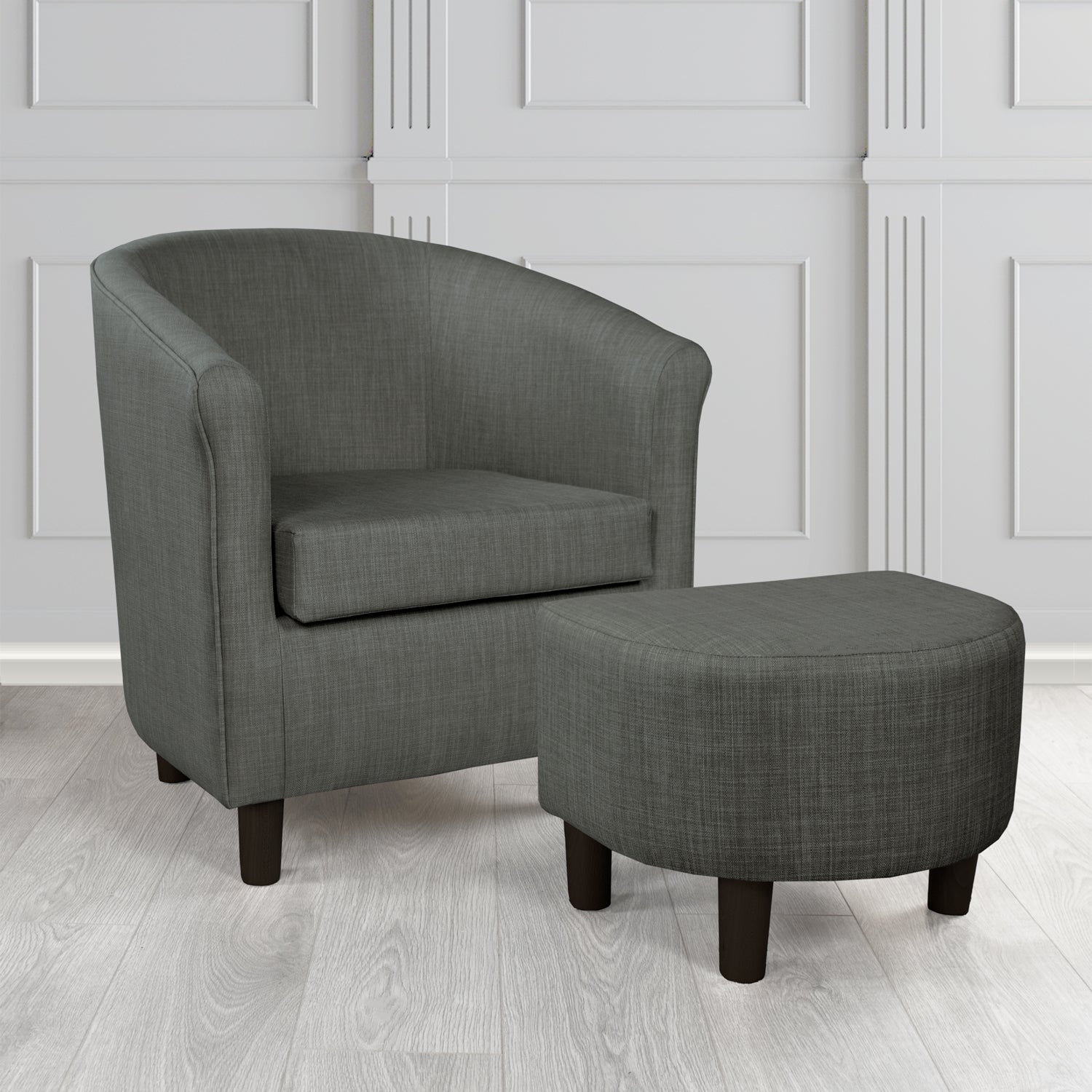 Tuscany Charles Charcoal Linen Plain Fabric Tub Chair with Dee Footstool Set - The Tub Chair Shop