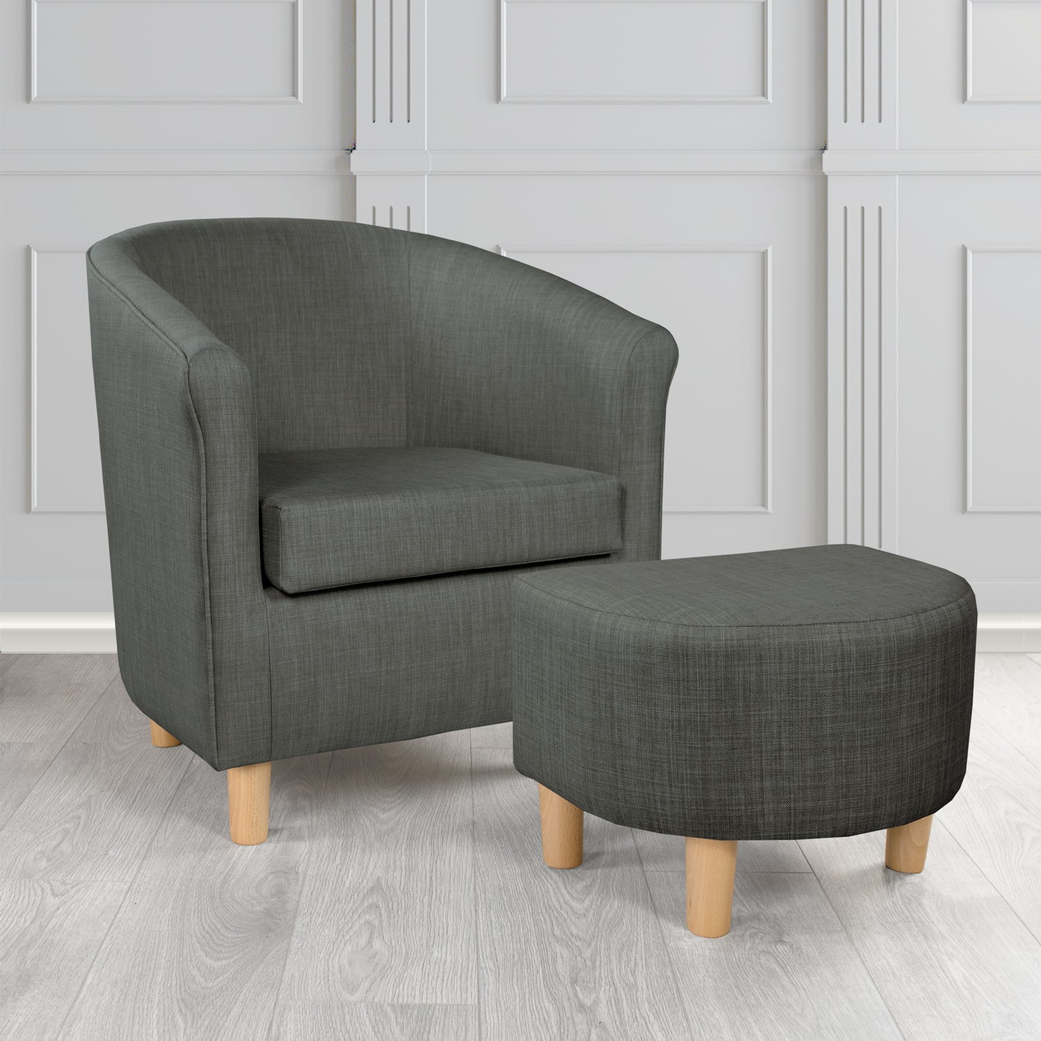 Tuscany Charles Charcoal Linen Plain Fabric Tub Chair with Dee Footstool Set