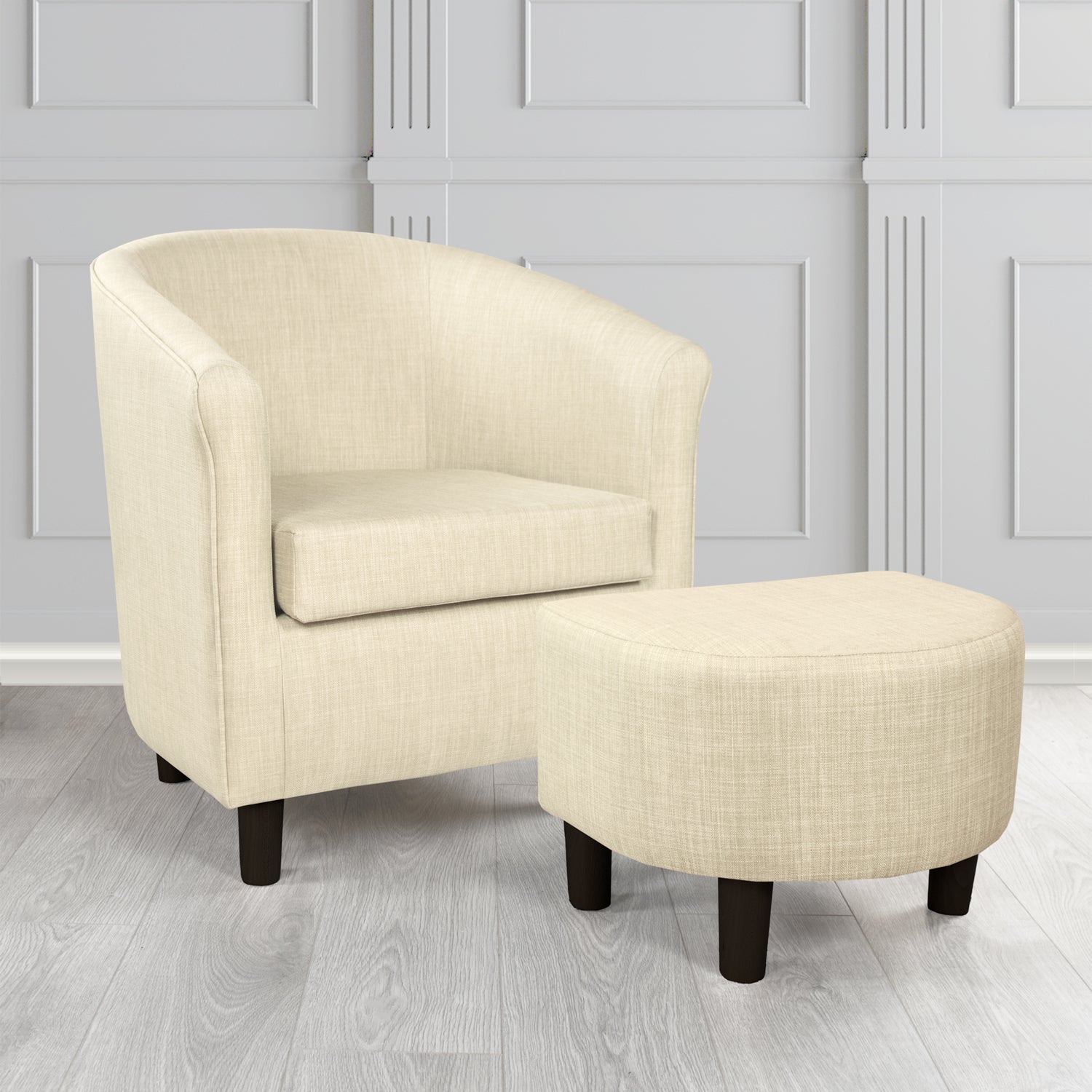 Tuscany Charles Cream Linen Plain Fabric Tub Chair with Dee Footstool Set
