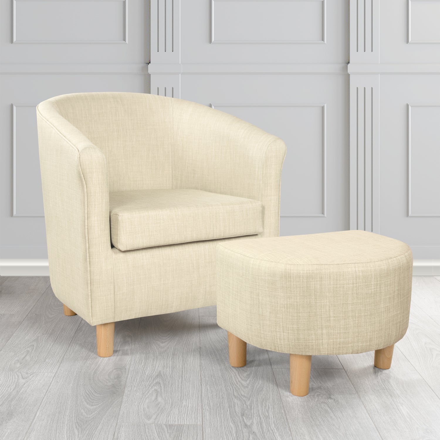 Tuscany Charles Cream Linen Plain Fabric Tub Chair with Dee Footstool Set