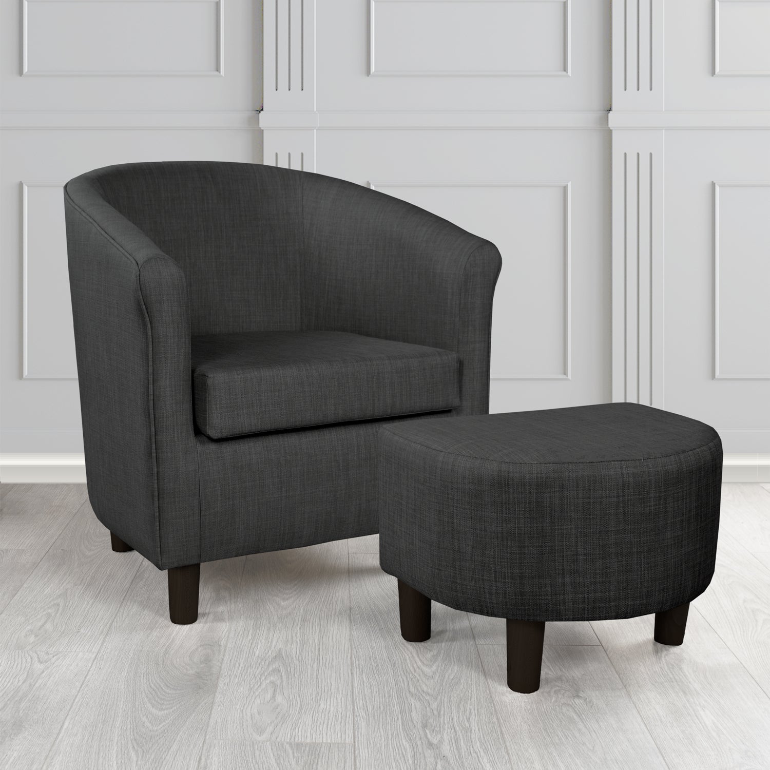 Tuscany Charles Ebony Linen Plain Fabric Tub Chair with Dee Footstool Set