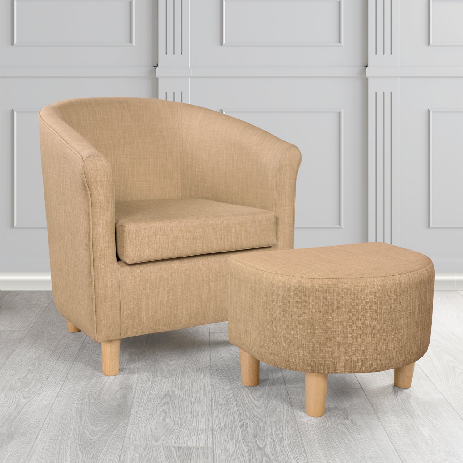 Tuscany Charles Honey Linen Plain Fabric Tub Chair with Dee Footstool Set