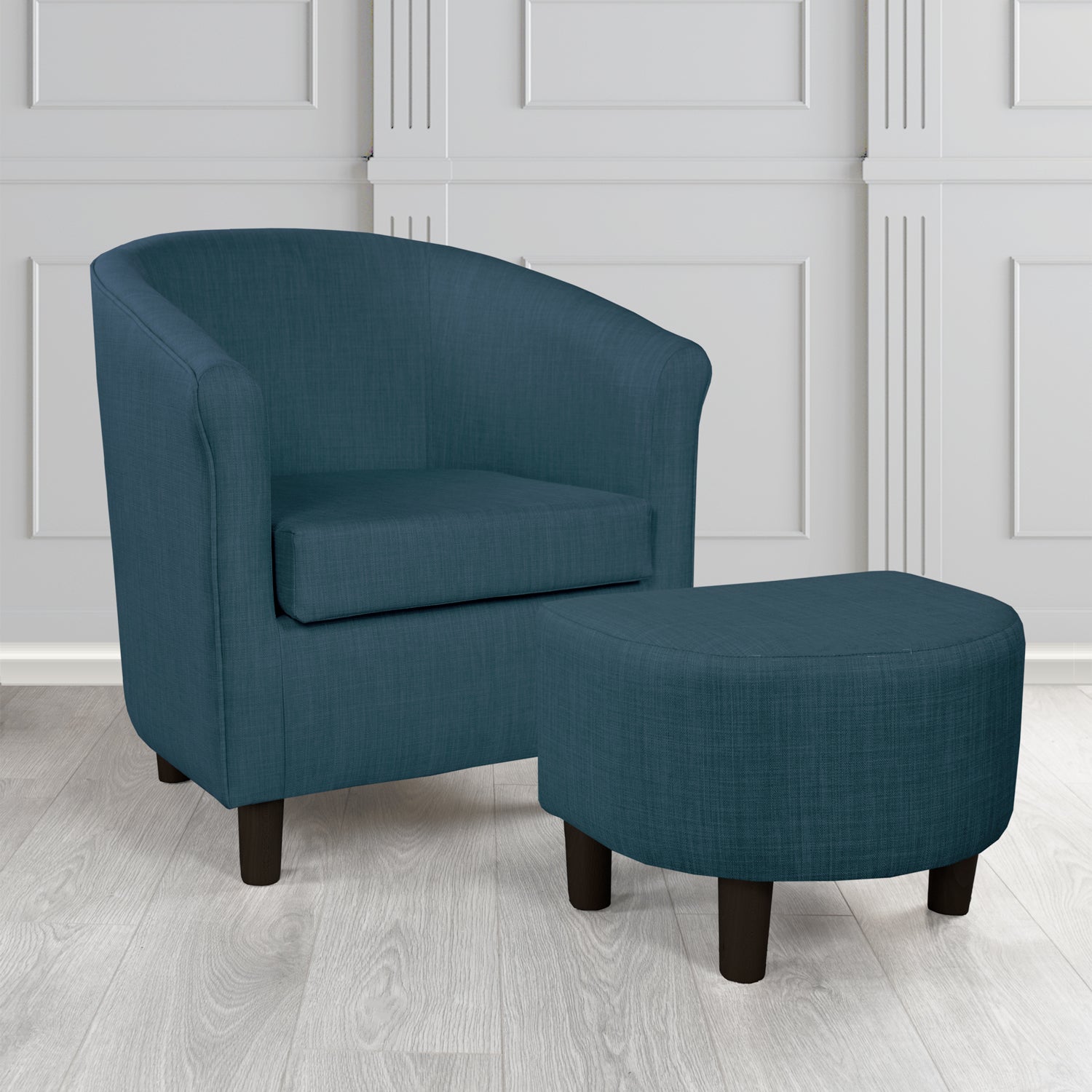 Tuscany Charles Midnight Linen Plain Fabric Tub Chair with Dee Footstool Set
