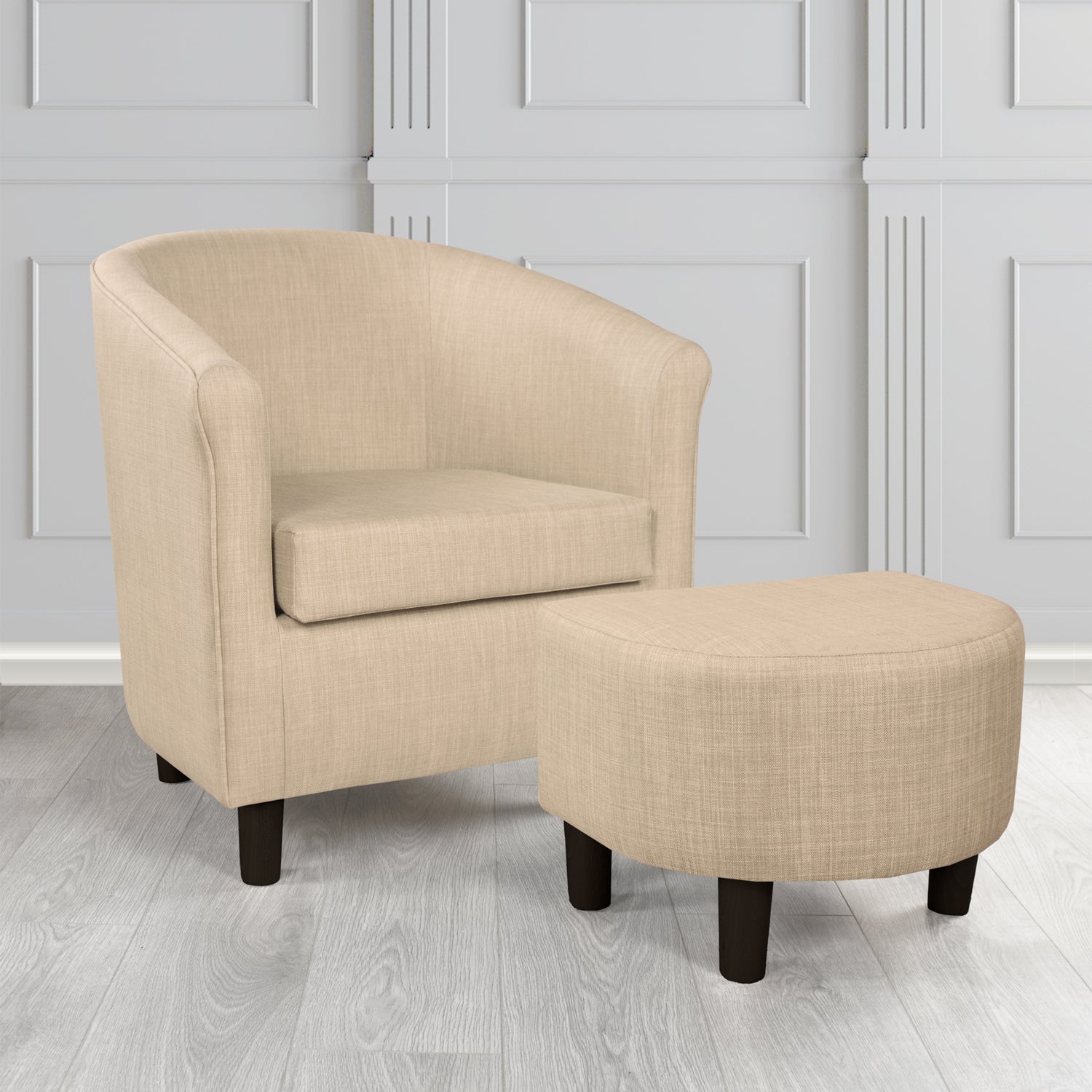 Tuscany Charles Sand Linen Plain Fabric Tub Chair with Dee Footstool Set - The Tub Chair Shop