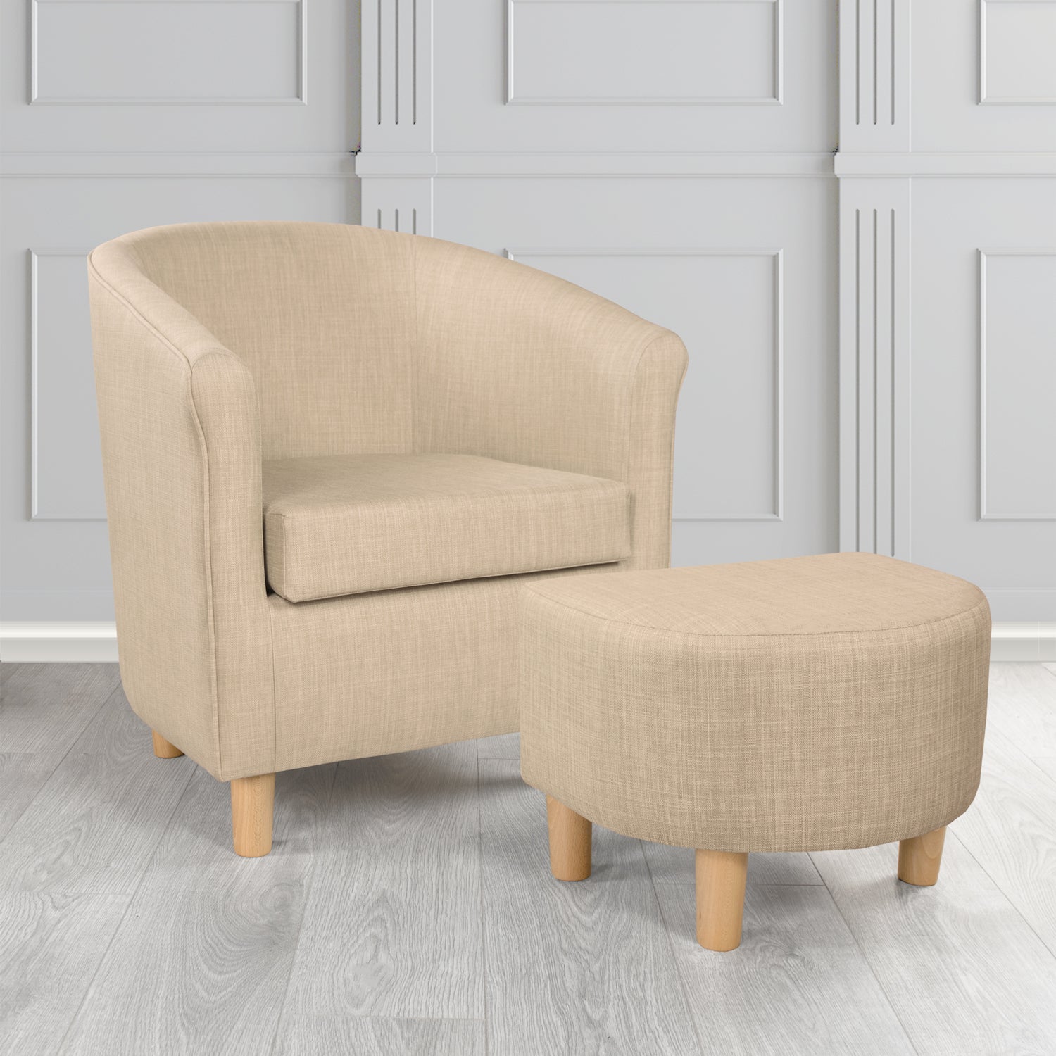 Tuscany Charles Sand Linen Plain Fabric Tub Chair with Dee Footstool Set - The Tub Chair Shop