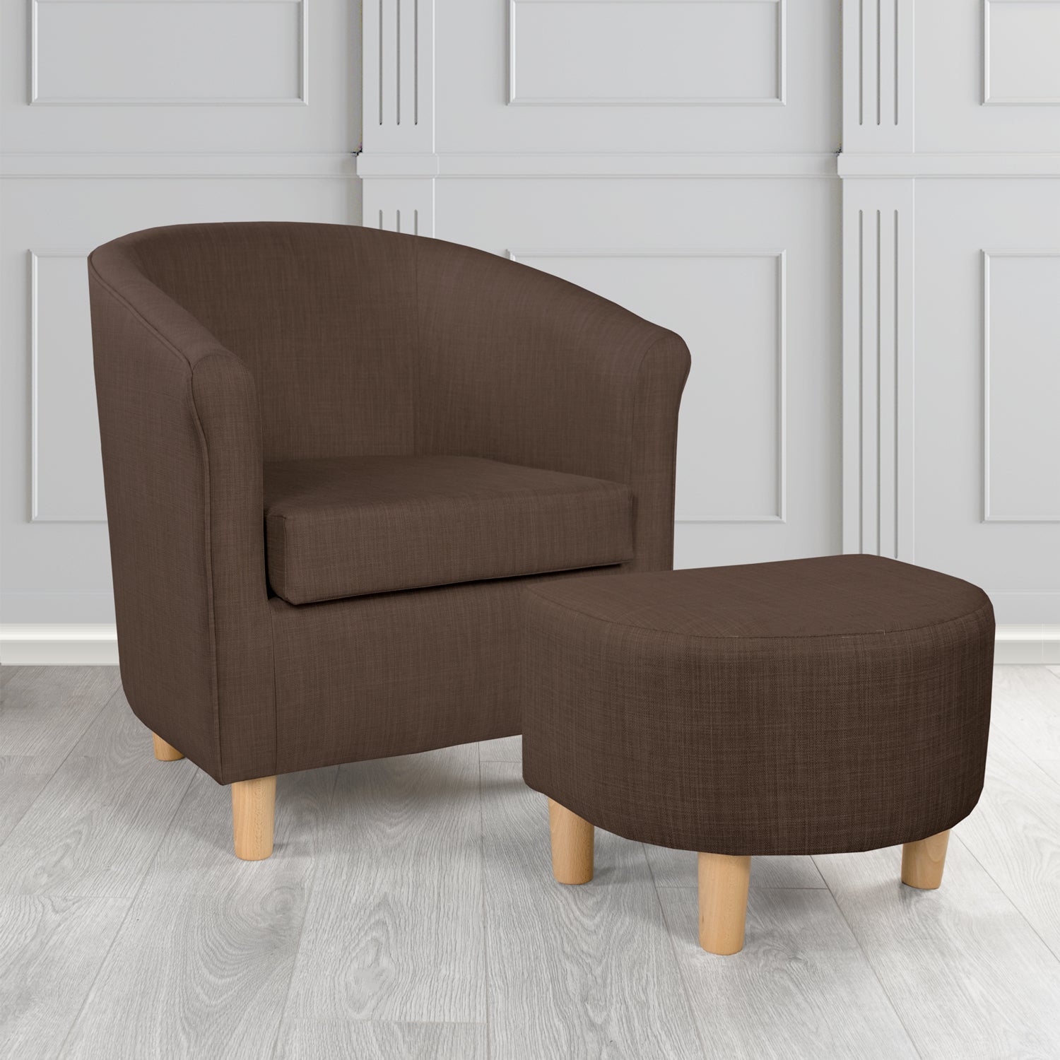 Tuscany Charles Sandalwood Linen Plain Fabric Tub Chair with Dee Footstool Set - The Tub Chair Shop