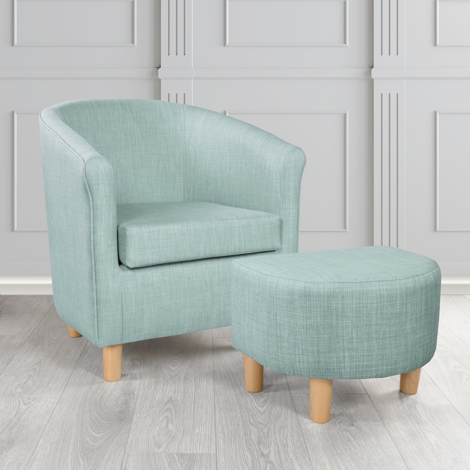Tuscany Charles Sky Linen Plain Fabric Tub Chair with Dee Footstool Set - The Tub Chair Shop
