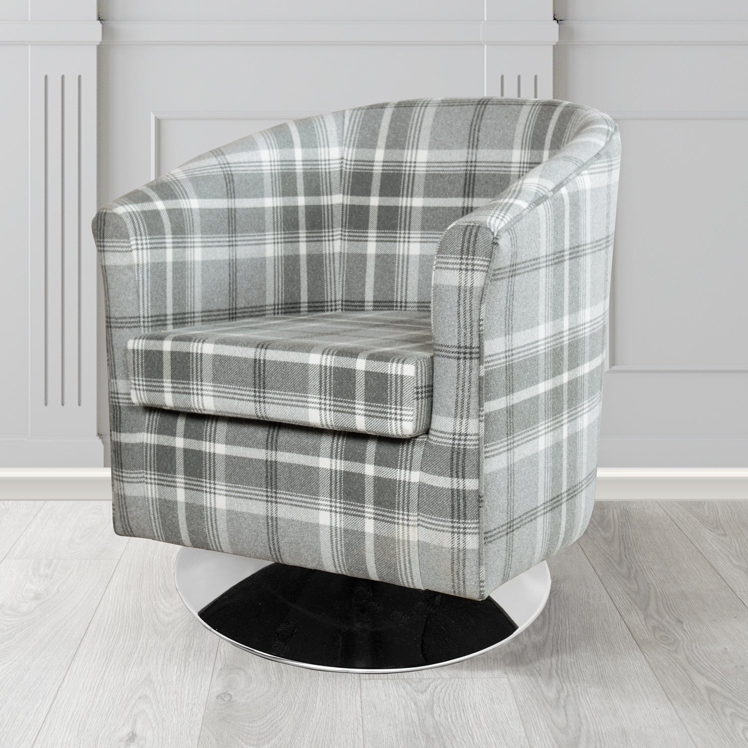 Tuscany Balmoral Dove Grey Tartan Fabric Swivel Tub Chair (6627029975082)