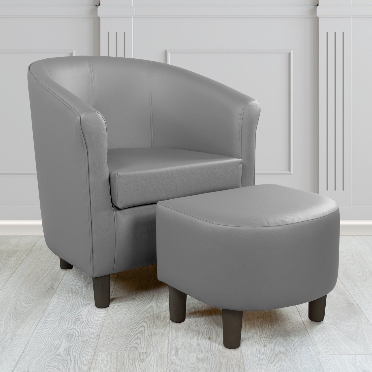 Tuscany Just Colour Battleship Faux Leather Tub Chair with Dee Footstool Set - The Tub Chair Shop