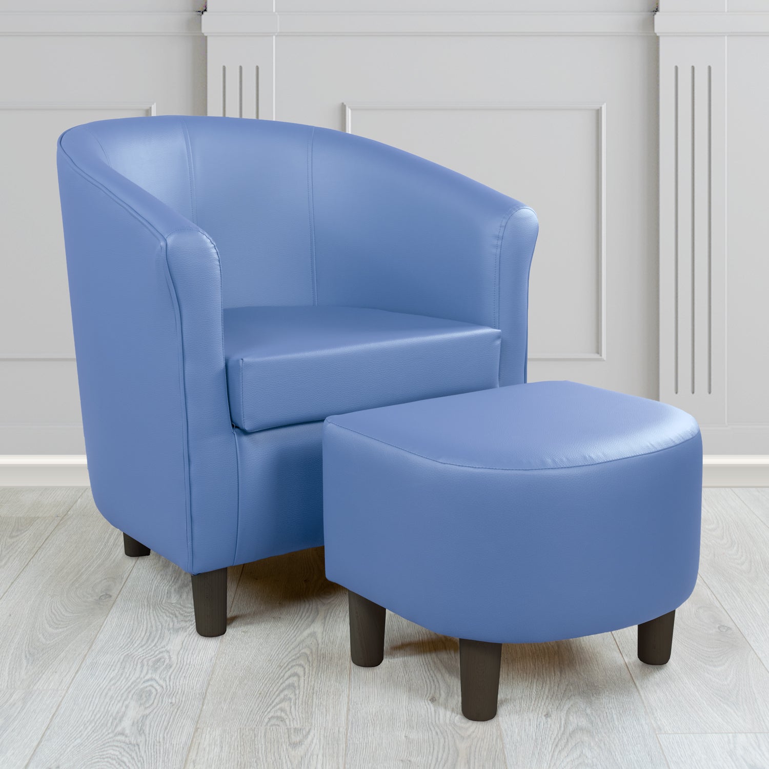 Tuscany Just Colour Blue Steel Faux Leather Tub Chair with Dee Footstool Set - The Tub Chair Shop