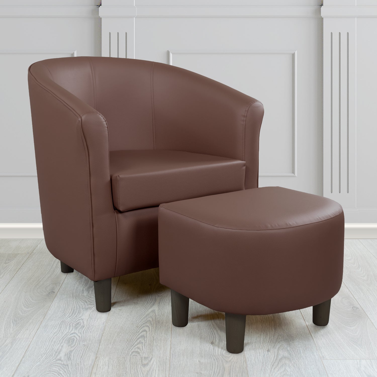 Tuscany Just Colour Cocoa Faux Leather Tub Chair with Dee Footstool Set - The Tub Chair Shop