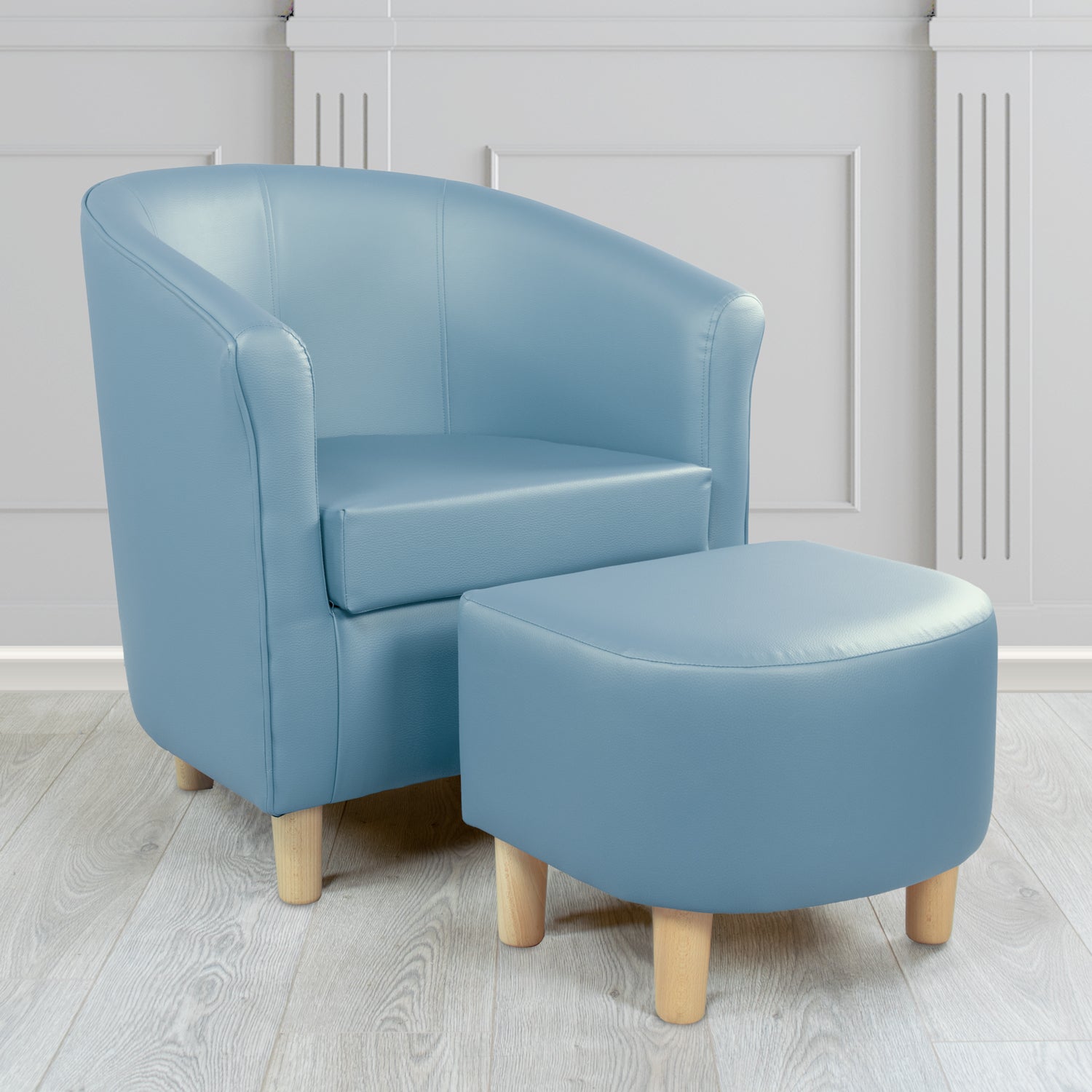 Tuscany Just Colour Cool Blue Faux Leather Tub Chair with Dee Footstool Set - The Tub Chair Shop