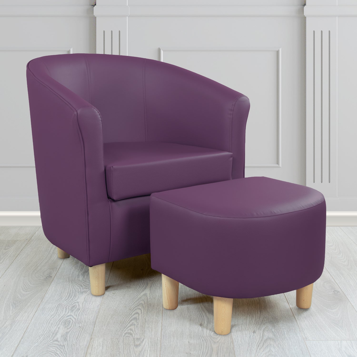 Tuscany Just Colour Damson Faux Leather Tub Chair with Dee Footstool Set - The Tub Chair Shop