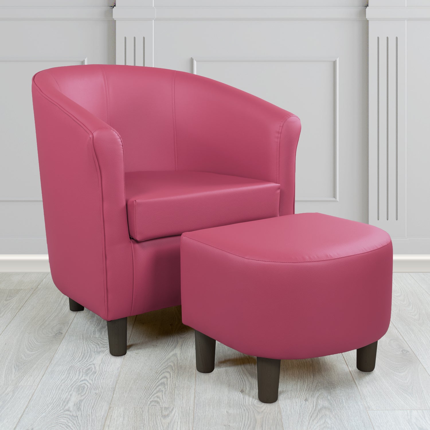Tuscany Just Colour Deep Rose Faux Leather Tub Chair with Dee Footstool Set - The Tub Chair Shop