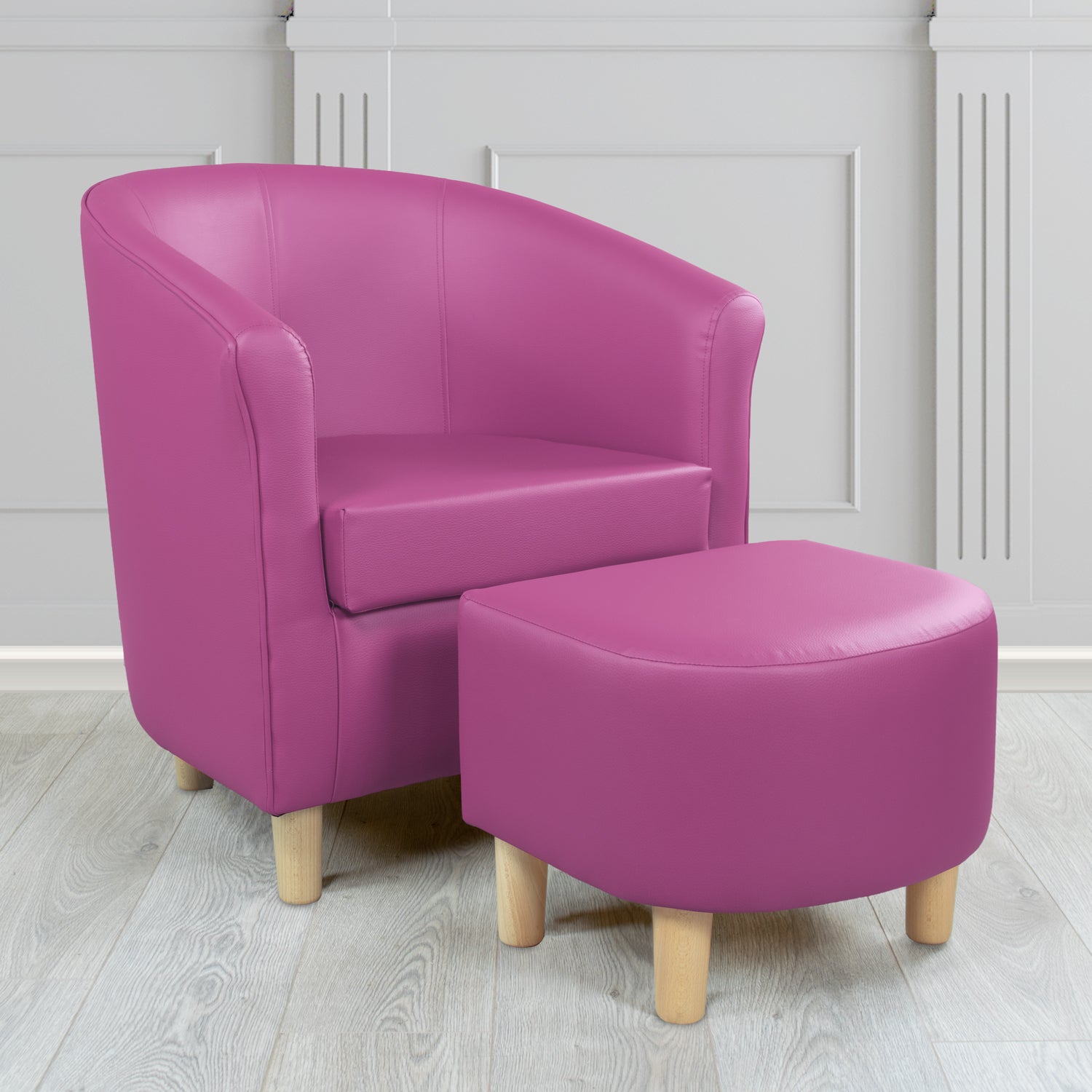 Tuscany Just Colour Fuchsia Faux Leather Tub Chair with Dee Footstool Set - The Tub Chair Shop