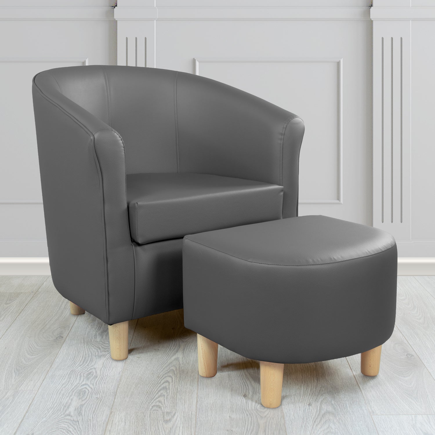 Tuscany Just Colour Gunmetal Grey Faux Leather Tub Chair with Dee Footstool Set - The Tub Chair Shop