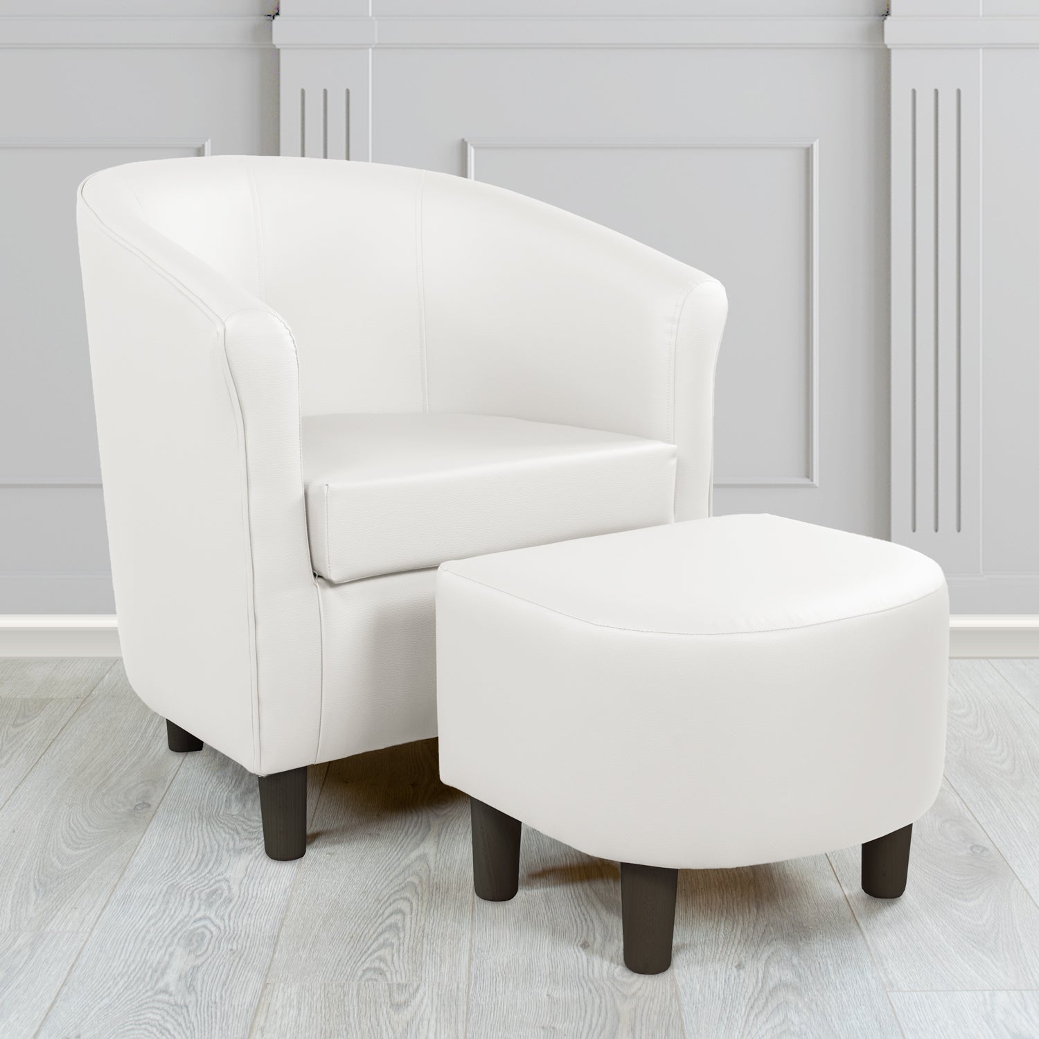 Tuscany Just Colour Jasmine White Faux Leather Tub Chair with Dee Footstool Set - The Tub Chair Shop