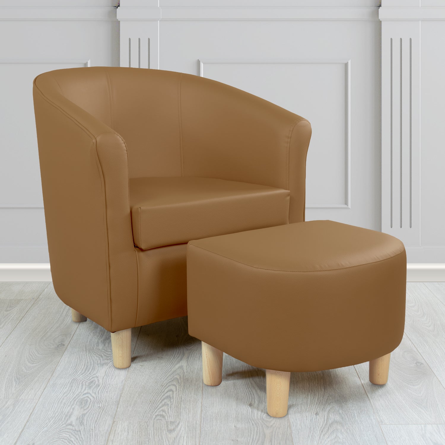 Tuscany Just Colour Nutmeg Faux Leather Tub Chair with Dee Footstool Set - The Tub Chair Shop