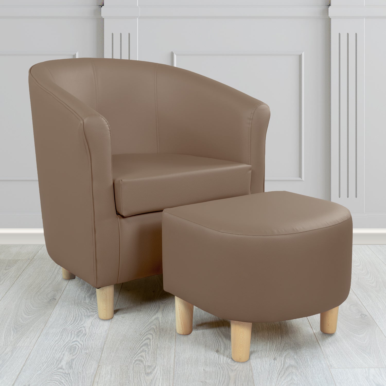 Tuscany Just Colour Pecan Faux Leather Tub Chair with Footstool Set - The Tub Chair Shop