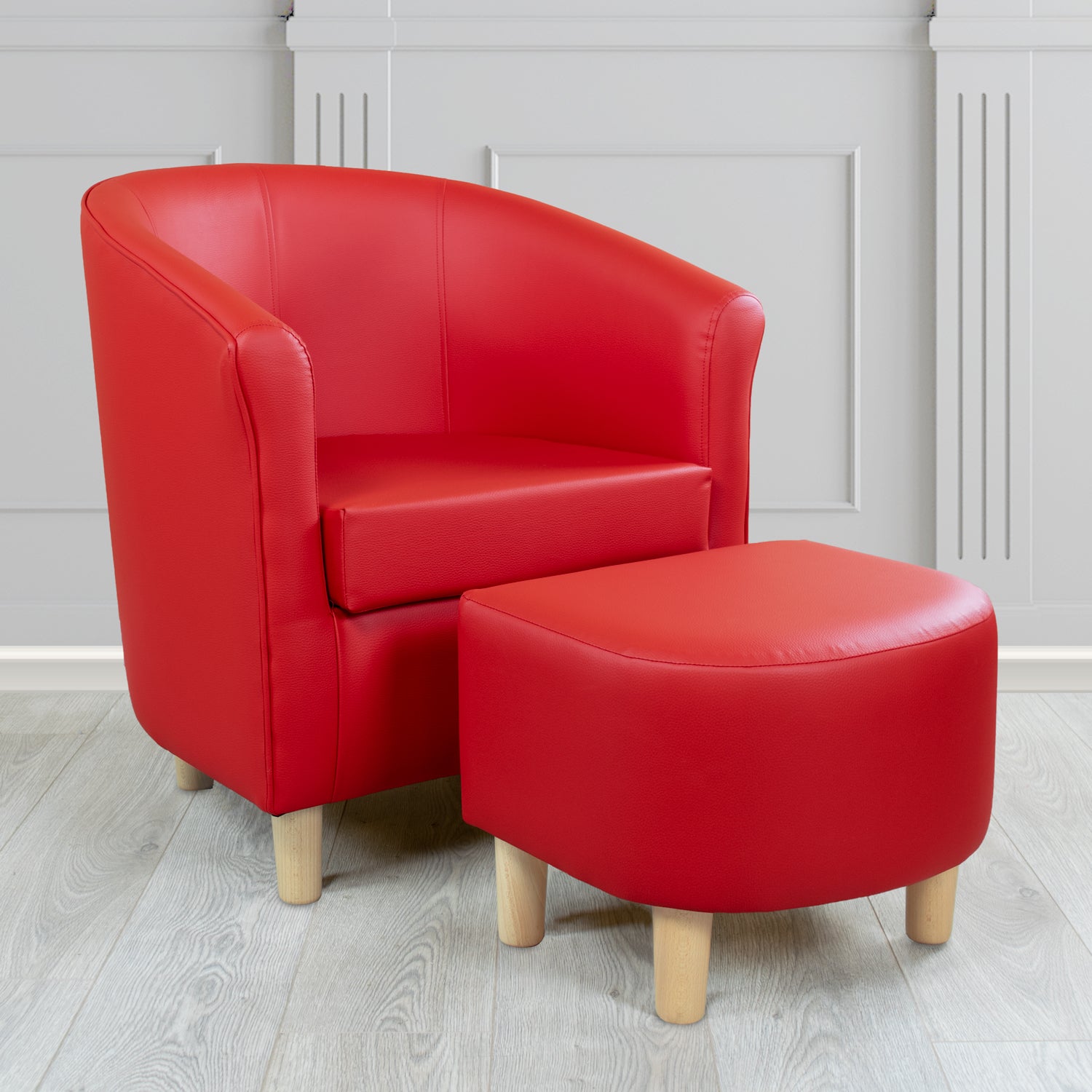 Tuscany Just Colour Pillarbox Faux Leather Tub Chair with Footstool Set - The Tub Chair Shop