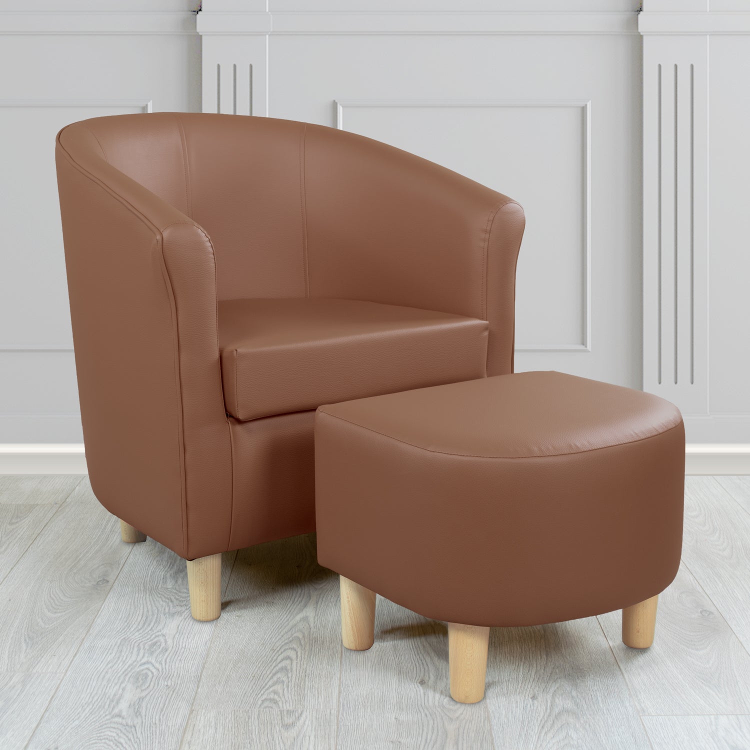 Tuscany Just Colour Walnut Faux Leather Tub Chair with Footstool Set - The Tub Chair Shop